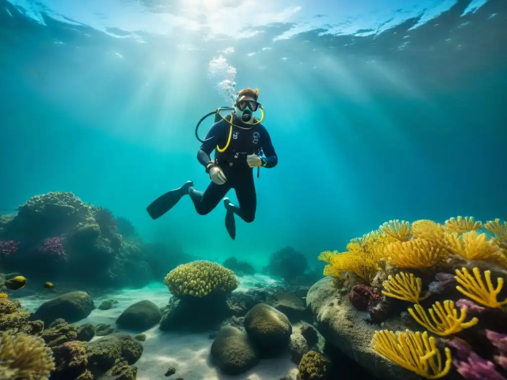 Exploración submarina en el río Zambeze: un tesoro de colores y minerales Un buceador experto explorando un tesoro de minerales en el lecho fluvial del río Zambeze