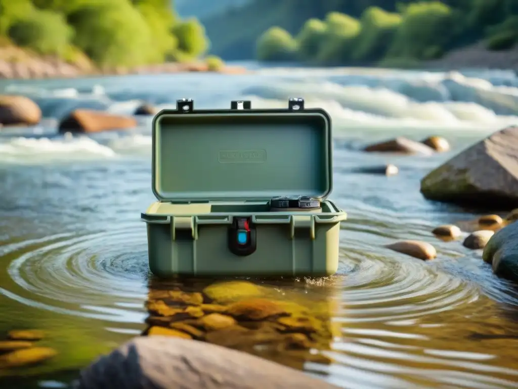 Resistente caja impermeable protegiendo objetos en río Una caja estanca para ríos asegurada en un entorno natural, protegiendo objetos valiosos del agua