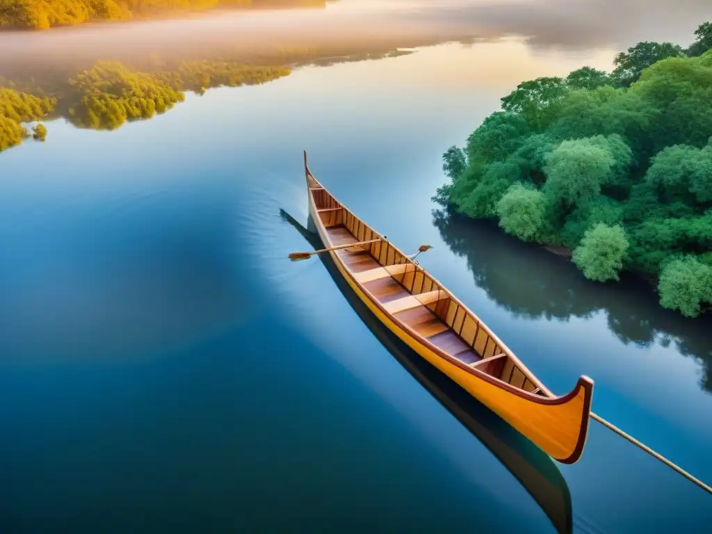 Canoa artesanal nativa: belleza en el Mississippi Canoa artesanal nativa surcando el Mississippi, reflejos dorados en el agua y exuberante vegetación