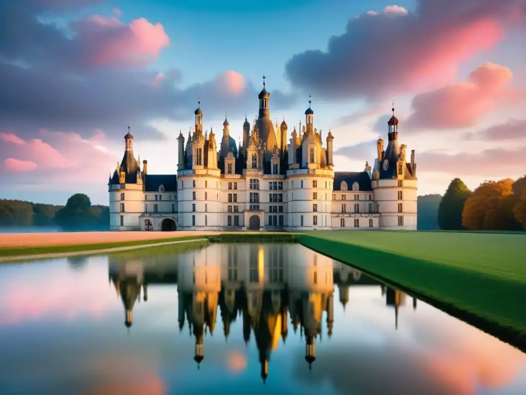Chambord al atardecer: historia y misticismo en el Loira El castillo de Chambord al atardecer en el río Loira, con su arquitectura reflejada en el agua, bajo una luz dorada