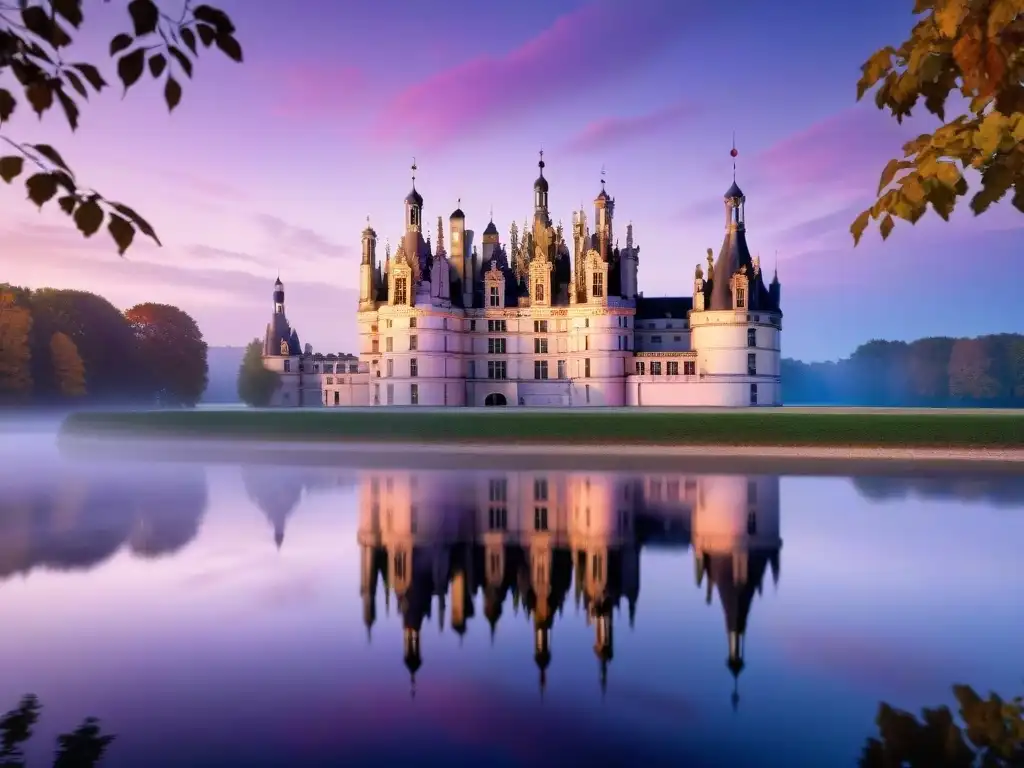 Château de Chambord al atardecer: majestuosidad reflejada Castillo de Chambord al atardecer, reflejado en el río Loira, rodeado de árboles otoñales