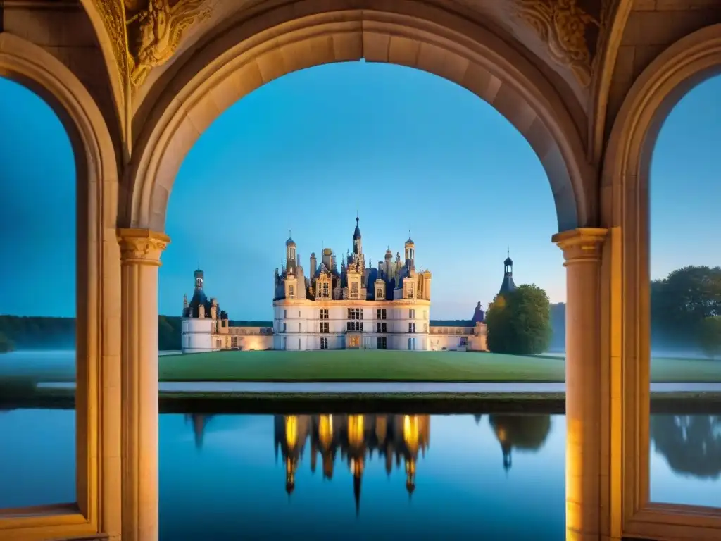 Misterioso Château de Chambord: leyendas en la luna Castillo de Chambord iluminado por la luna sobre el río Loira, rodeado de niebla y una figura fantasmal en la ventana, evocando leyendas