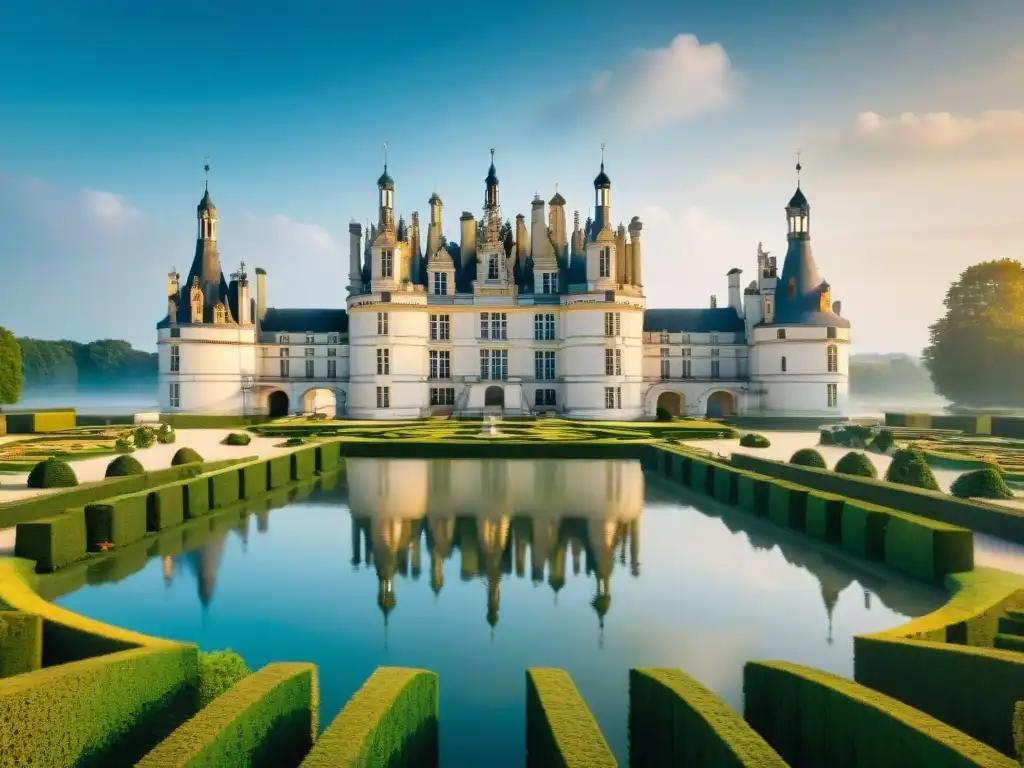 Château de Chambord: Arquitectura Renacentista en 8K Castillo de Chambord en el río Loira: arquitectura renacentista detallada y jardines franceses, evocando la historia de los Castillos del Loira