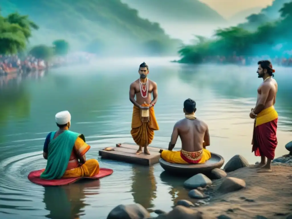 Ritual de agua en el río Yamuna: color y espiritualidad Ceremonia de agua sagrada en el río Yamuna, India