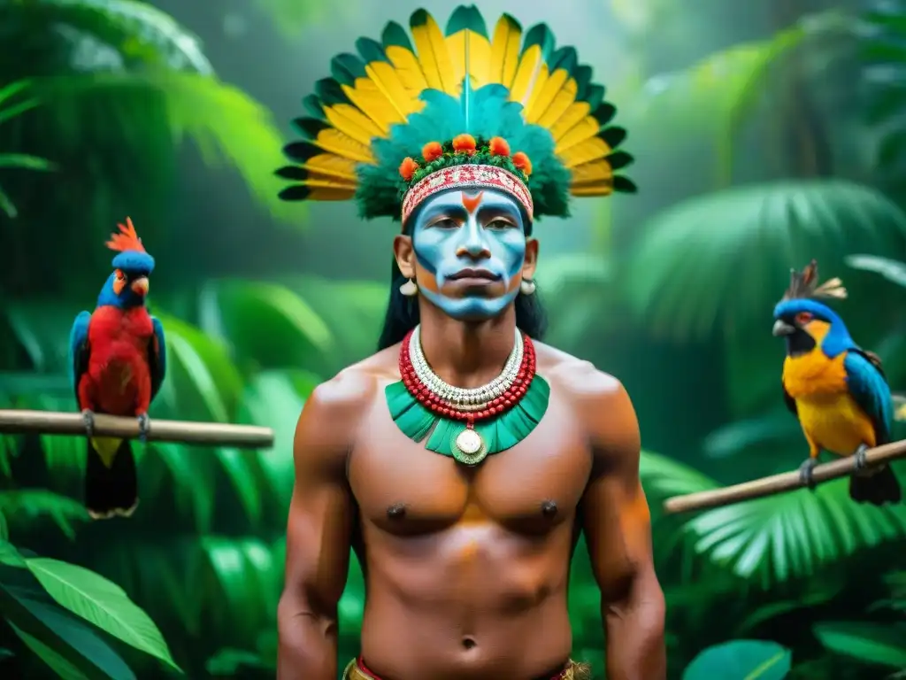 Ritual ancestral de tribu amazónica en selva exuberante Ceremonia tradicional de una tribu amazónica en la selva, con colores vibrantes y conexión a la naturaleza