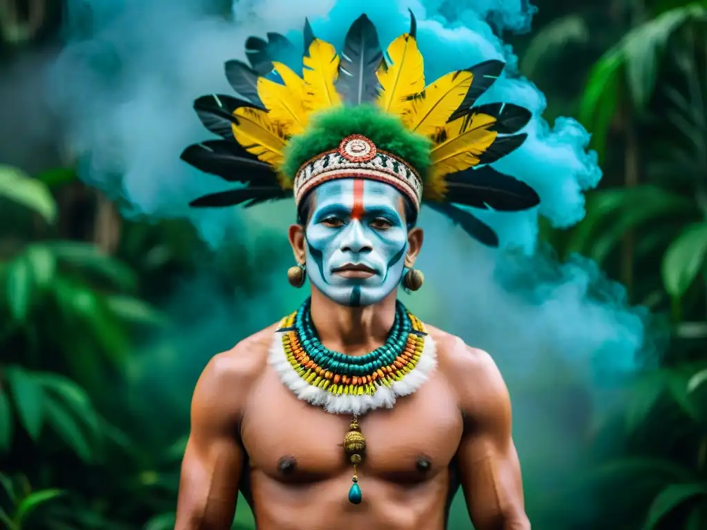 Chamán amazónico en ritual místico entre la exuberante selva Un chamán en la selva del Amazonas, realizando un ritual ancestral entre colores y humo, rodeado de exuberante vegetación