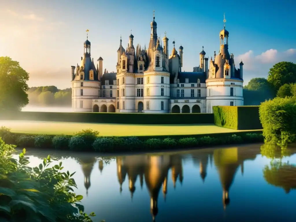 Château de Chambord con su arquitectura renacentista rodeado de vegetación, bañado por el sol y el río Loira