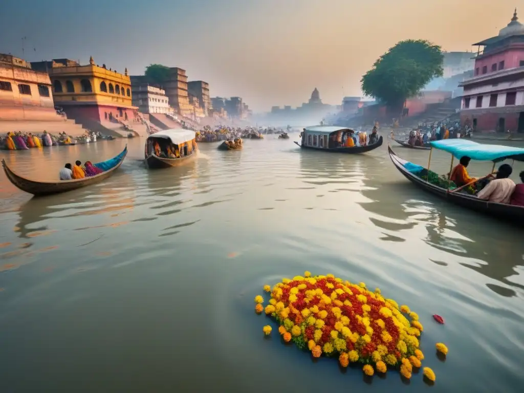 El río Ganges serpenteando entre una ciudad india, reflejando la espiritualidad y el conflicto