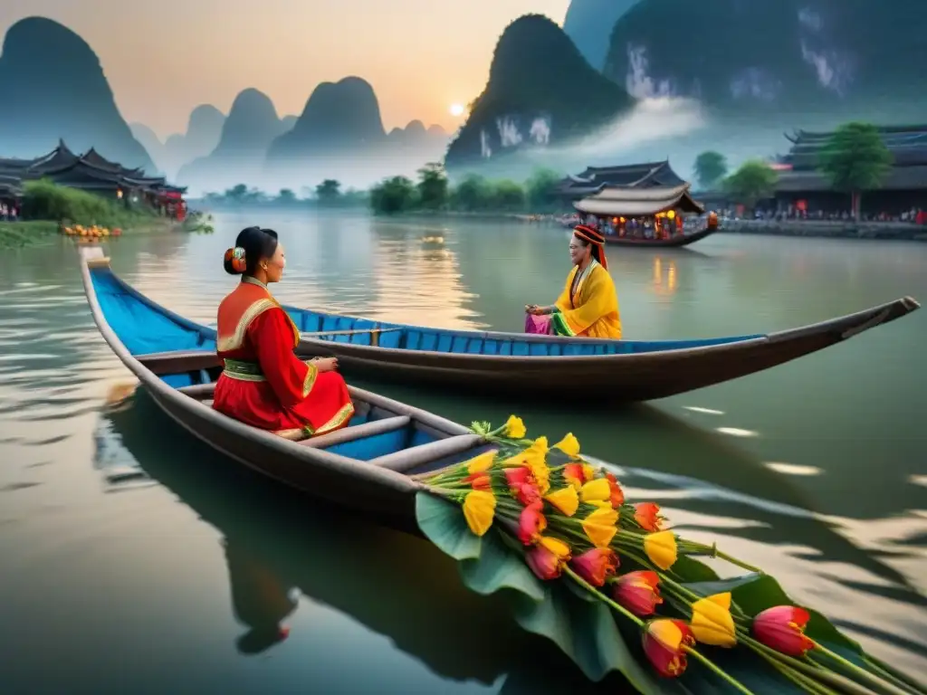 Ofrendas al río Li al atardecer: tradición y colorido Coloridas ceremonias en el Río Li: locatarios haciendo ofrendas al atardecer, rodeados de barcas decoradas y tradiciones ancestrales