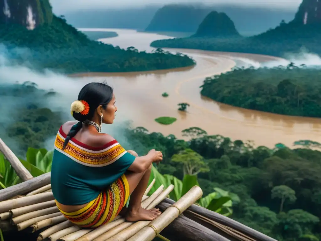Comunidad indígena amazónica en ceremonia tradicional Una comunidad indígena a lo largo del río Amazonas, celebrando una ceremonia tradicional en la exuberante selva