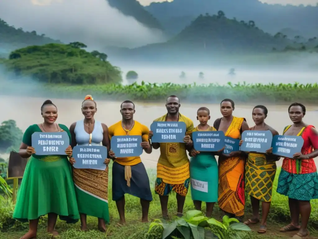 Unidad y resistencia en el Congo: comunidad frente al río Comunidad unida en resistencia junto al río Congo, mensajes pintados en manos, determinación y empoderamiento