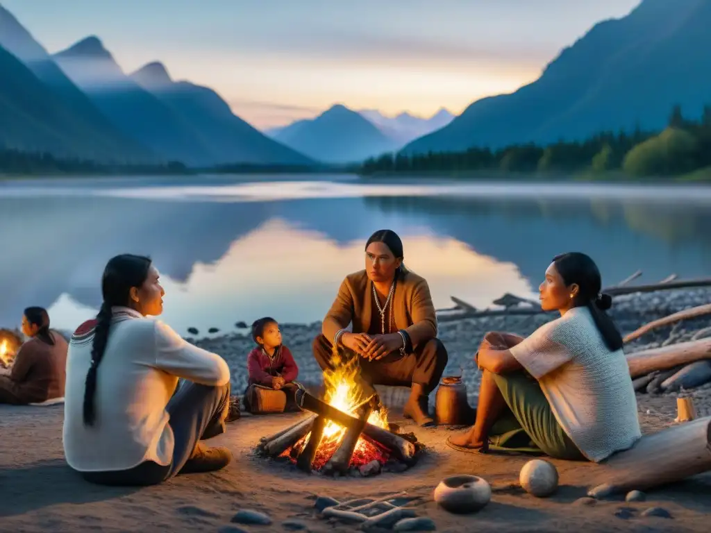 Encuentro ancestral al atardecer junto al río Fraser Comunidades indígenas reunidas alrededor de fogata junto al río Fraser, cautivadas por la mitología ancestral al anochecer