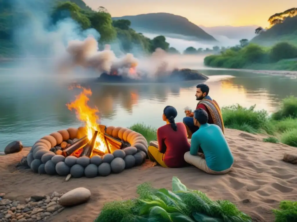 Comunidades migrantes sostenibles en ríos: Grupo diverso alrededor de fogata, contando historias al atardecer junto al río