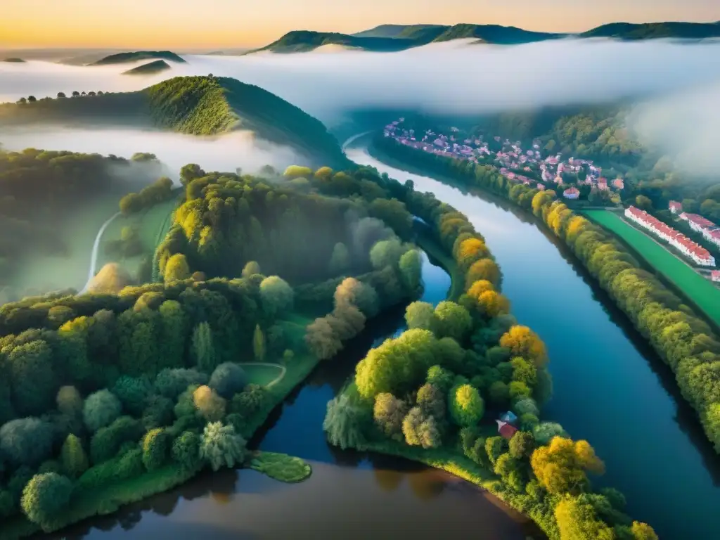 Comunidades migrantes sostenibles en ríos: Meandro de río entre bosques verdes y pueblos vibrantes, mostrando armonía entre tradición y modernidad