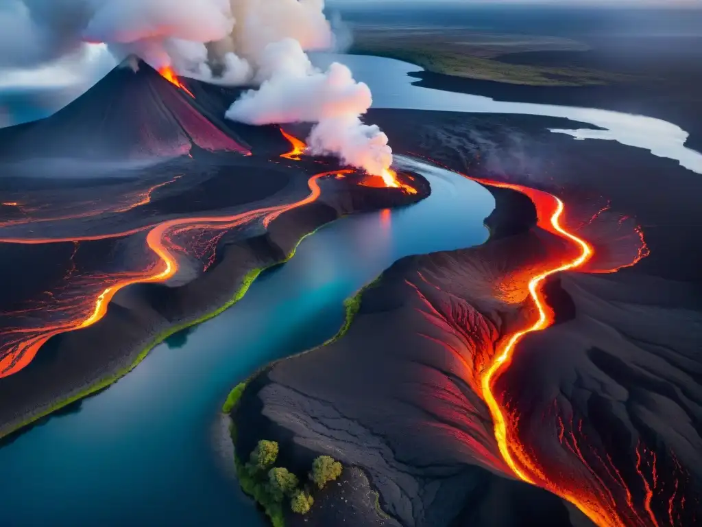 Volcán en erupción: encuentro entre lava y río Corrientes volcánicas en ríos: encuentro de lava naranja y río serpenteante, una escena de poder y belleza