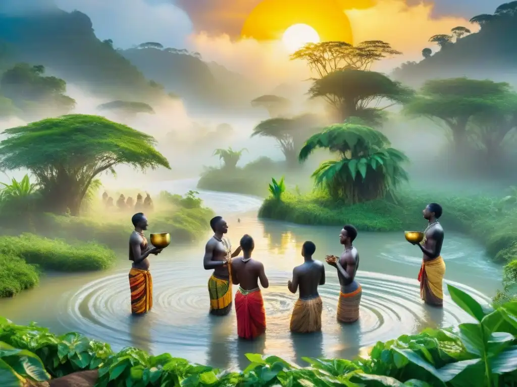 Encuentro místico entre aldeanos africanos y espíritus acuáticos Un cuadro vibrante y detallado de un encuentro místico entre aldeanos africanos y espíritus acuáticos
