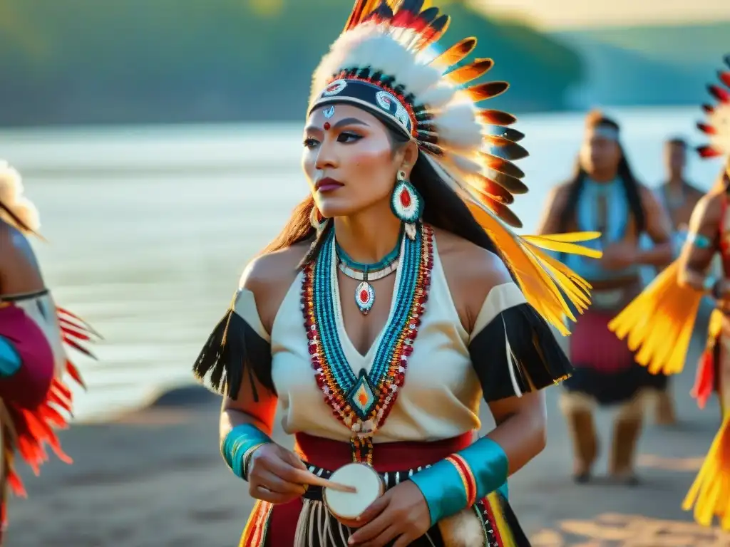 Esplendoroso powwow nativo a orillas del Mississippi Celebración de Culturas Nativas Americanas a orillas del Misisipi, con danzas tradicionales al atardecer