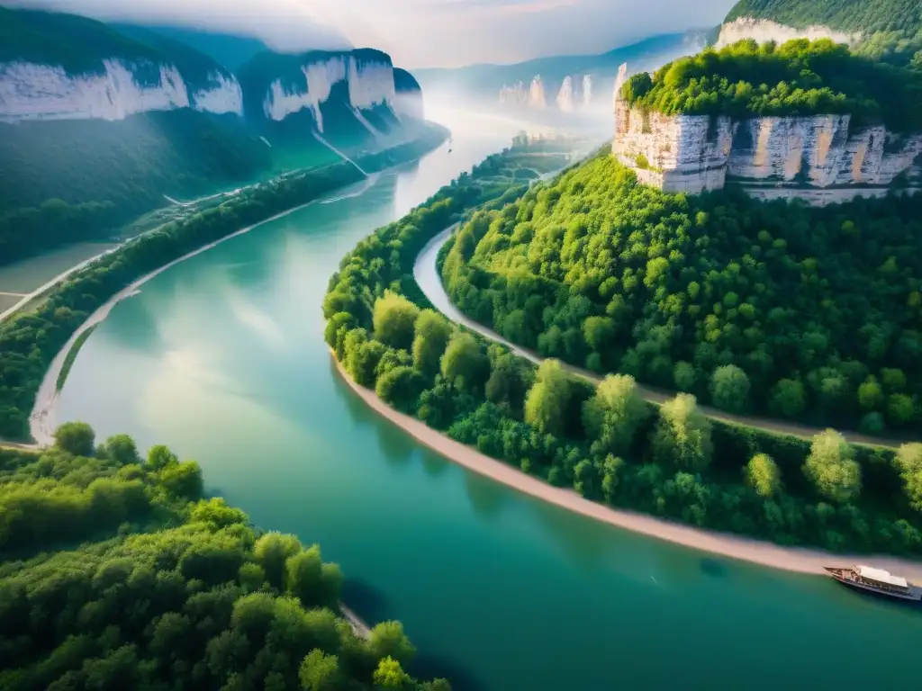 Esplendor del Danubio: luz y sombra en la naturaleza El Danubio fluye majestuoso entre bosques verdes y acantilados, con la geología del Río Danubio en todo su esplendor