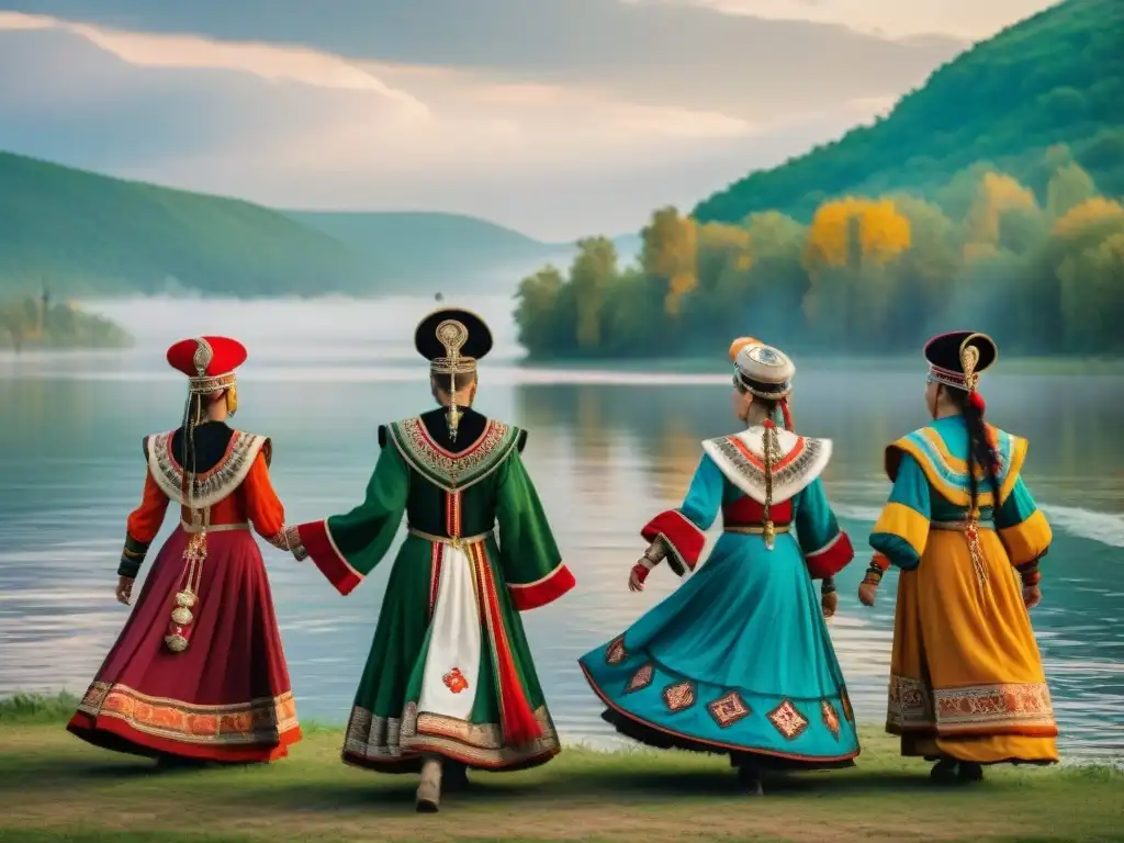 Una danza ceremonial de locales con atuendos tradicionales en el río Volga, evocando misticismo y riqueza cultural