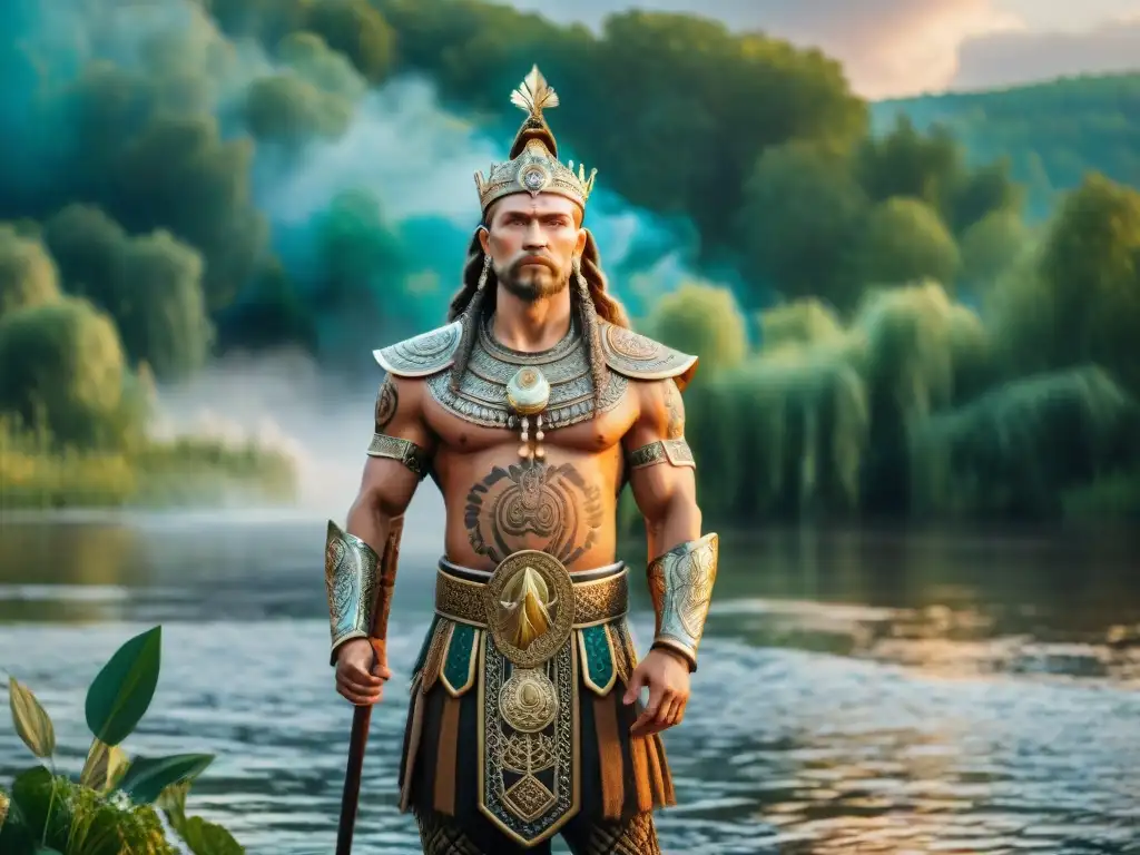 Deidad eslava en el río Volga: una imagen majestuosa y detallada Deidad protectora de la tradición en el Río Volga, rodeada de elementos místicos y símbolos eslavos