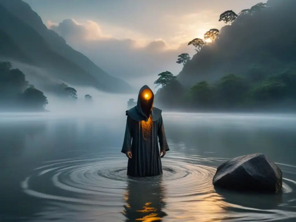 Demonio del Brahmaputra: Misterio ancestral en las aguas turbulentas Un demonio del río Brahmaputra exuda misterio y poder, con ojos brillantes bajo la capucha en la niebla