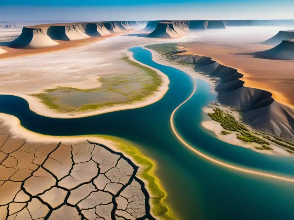 Desierto sediento: crisis de agua y cambio climático Desolada tierra árida y agua evaporándose, reflejo de la escasez de agua en tiempos de disputas cambio climático recursos hídricos