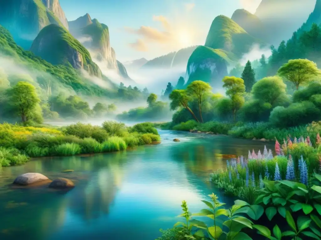 Pintura acuarela detallada de un río exuberante Una detallada pintura acuarela de un frondoso río rebosante de flora y fauna