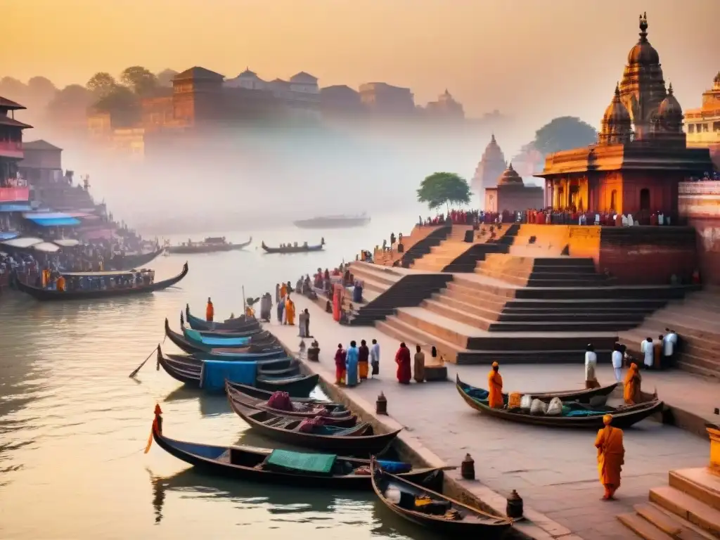 Detalles sagrados: Varanasi ghats al amanecer Detalle del amanecer en los ghats de Varanasi a orillas del sagrado río Ganges, con colores vibrantes y serena reflexión del sol en las aguas calmadas, barcas y peregrinos practicando rituales espirituales