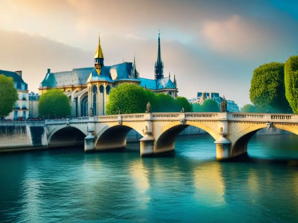 Pont Neuf: puente histórico sobre el río Sena en París Detalle histórico del Puente Nuevo sobre el Sena, con Notre Dame al fondo