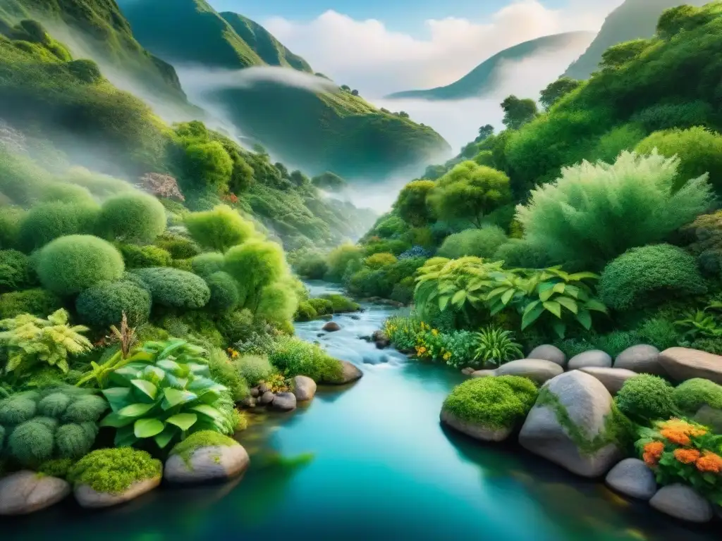 Detalles vibrantes: ecosistema fluvial en miniatura Detalles exquisitos de un ecosistema de río en miniatura, con flora y fauna emblemáticos
