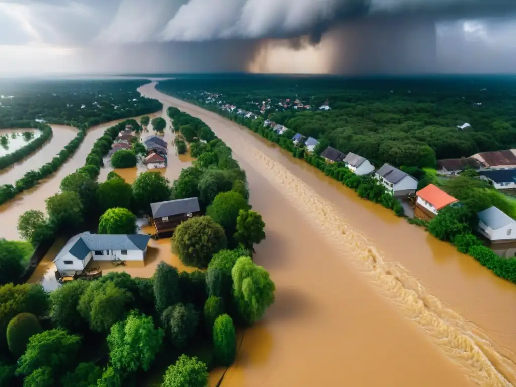 Desbordamiento devastador: rescate en río crecido Devastadoras inundaciones de ríos, equipos de rescate en acción, impacto evidente