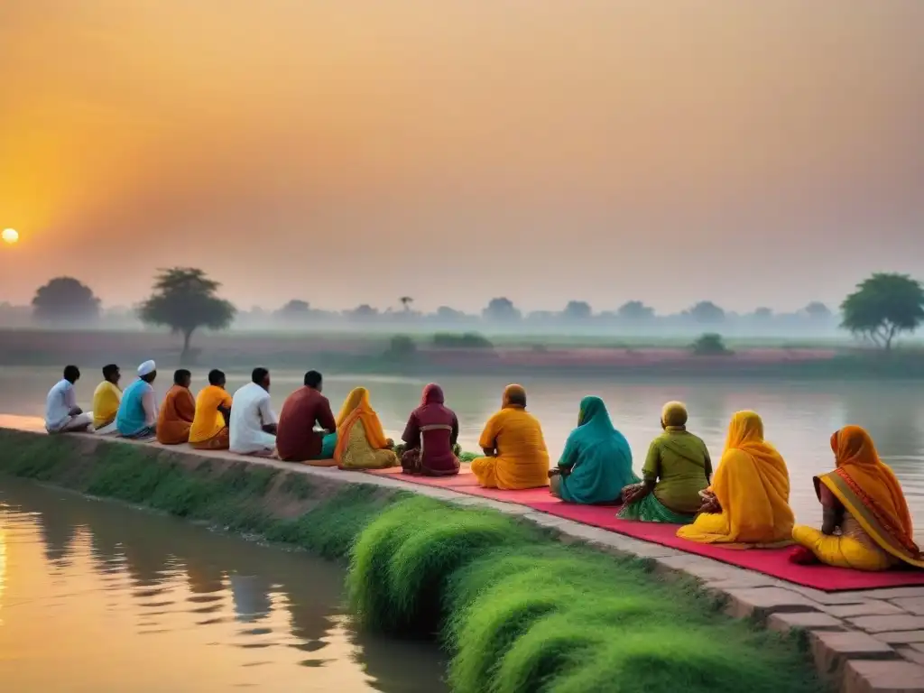 Puesta de sol en el río Yamuna: devotos en Vrindavan Devotos ofrecen plegarias al Río Yamuna al atardecer en Vrindavan, India