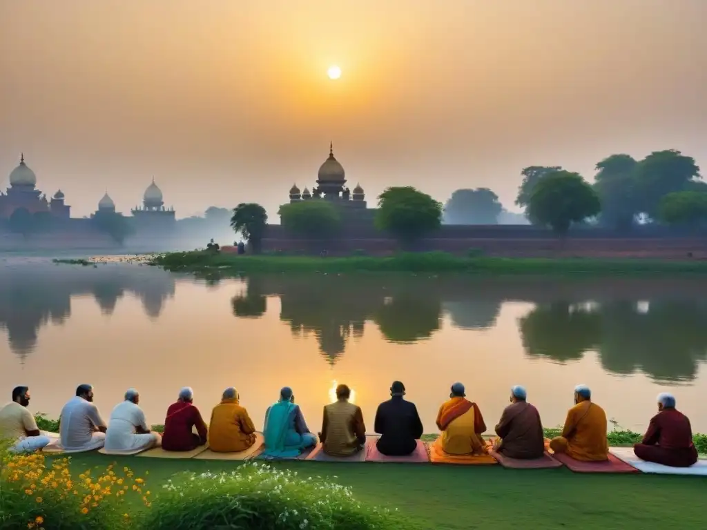 Rituales al amanecer en el río Yamuna: devotos en Vrindavan Devotos rezando al amanecer en el río Yamuna, con ofrendas florales y expresiones devotas