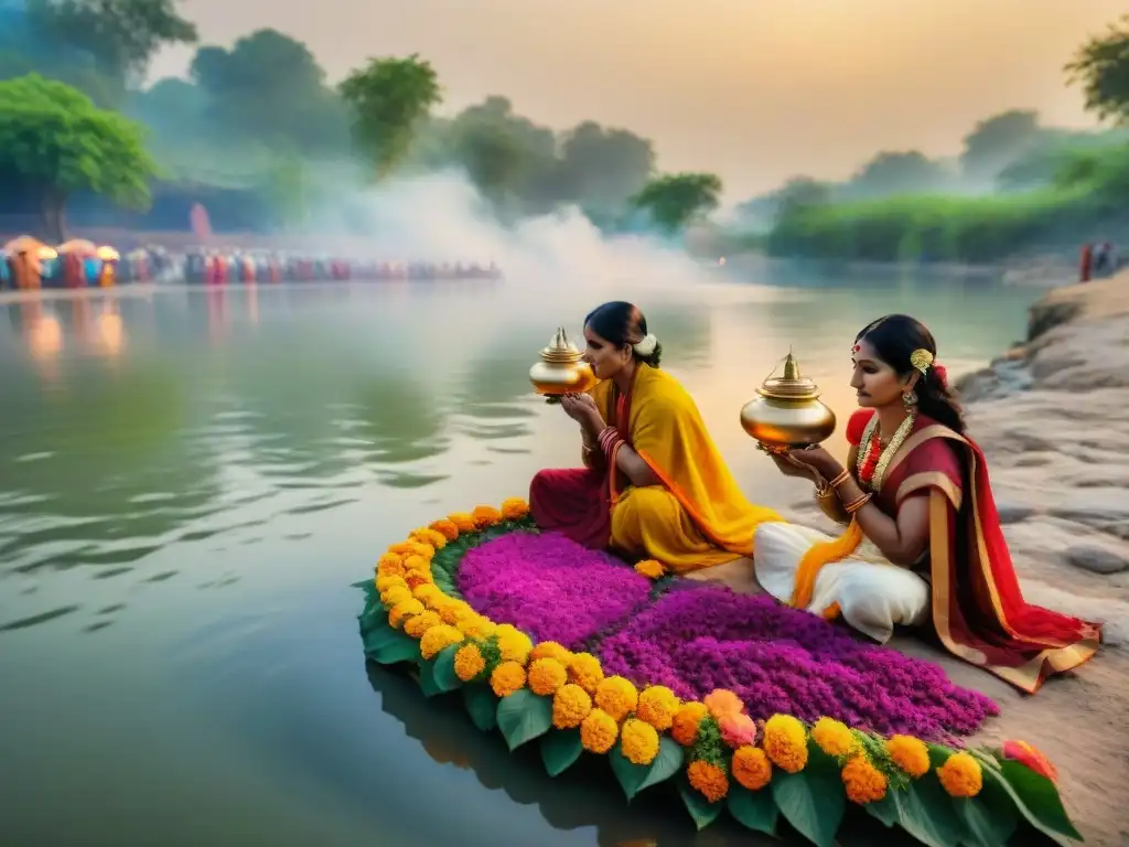 Ritual sagrado a orillas del río Yamuna: devotos védicos en India Devotos realizando ritual védico en el río Yamuna: historias de amor y devoción en la cultura védica