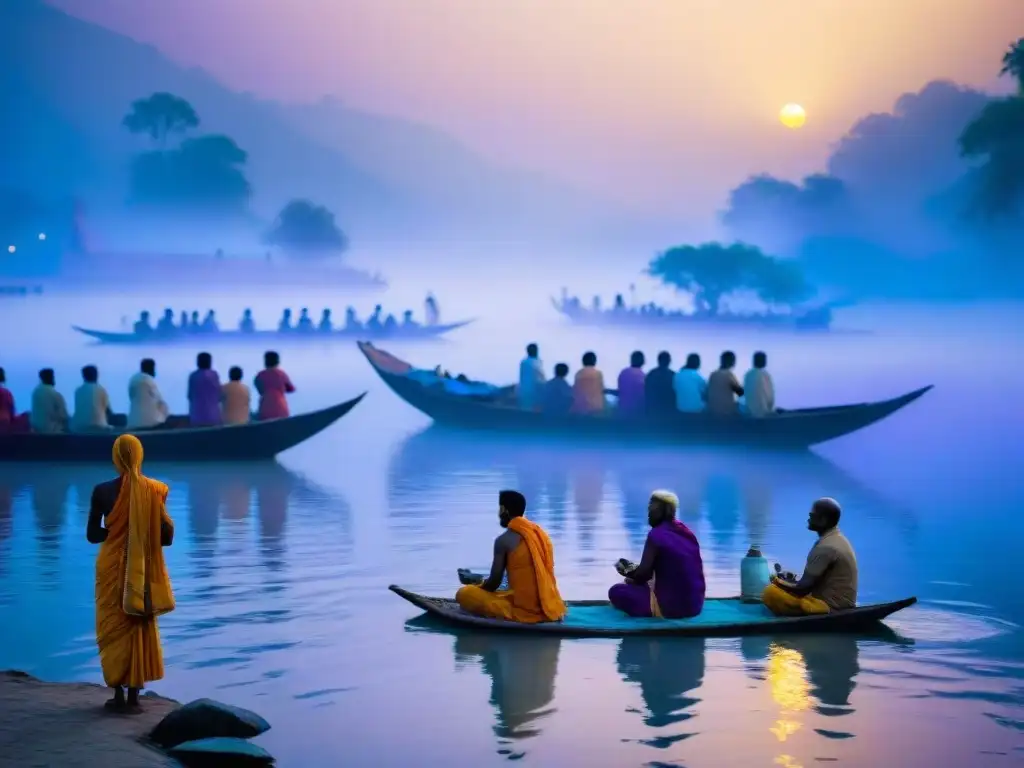 Ritual matutino en el Ganges al amanecer Devotos realizando rituales matutinos en las orillas del Ganges al amanecer, uno de los ríos más místicos del mundo