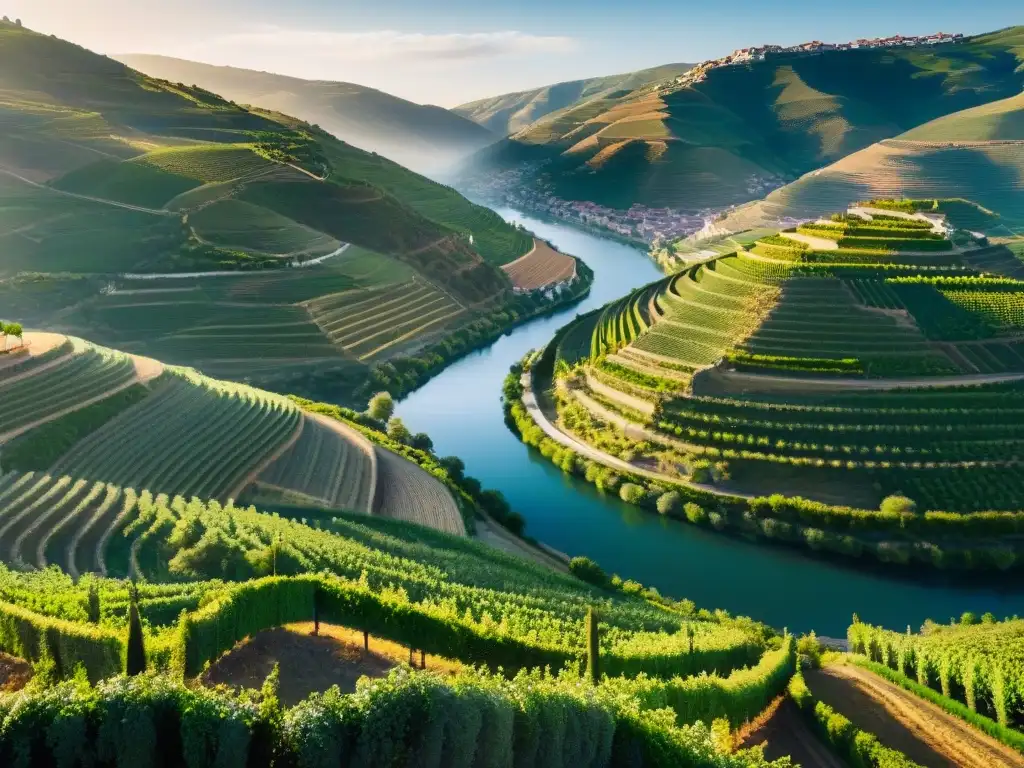 Paisaje idílico del río Duero entre viñedos verdes en Portugal Un día soleado en el Douro: un barco Rabelo flota en el río, rodeado de viñedos verdes