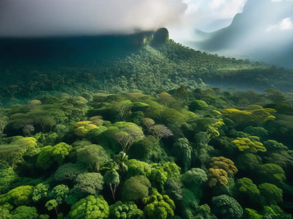 Selva misteriosa del Orinoco: biodiversidad exótica Un dosel de selva exuberante y misteriosa en el río Orinoco, con flora y fauna vibrante, filtrando la luz del sol