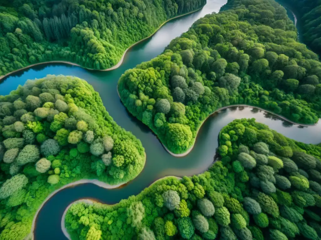 Ríos serpenteantes en exuberantes bosques: belleza natural Drones en protección de ríos de agua cristalina entre bosques verdes exuberantes
