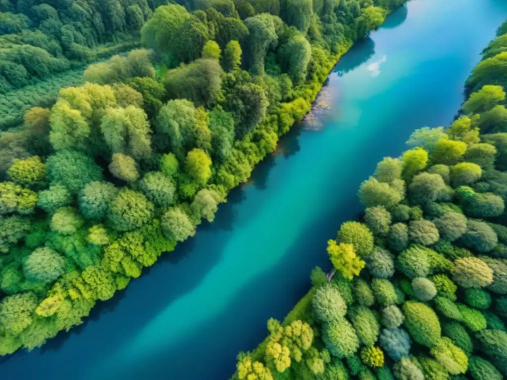 Río serpenteante: belleza y armonía en la naturaleza Fotografía con drones ríos emblemáticos: Un río serpenteando entre exuberantes bosques, reflejando el cielo azul vibrante