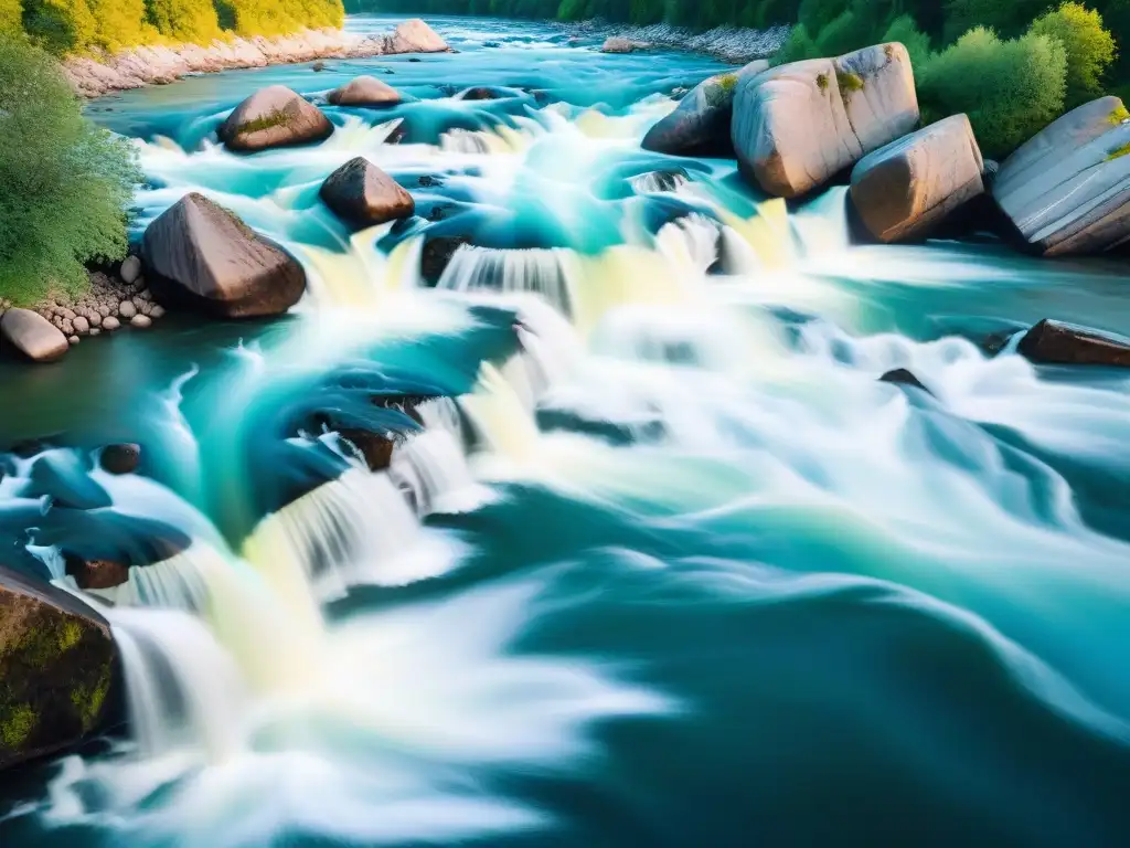 Río: Encuentro de Turbulencia y Calma La dualidad de un río: caos y calma se entrelazan en una imagen de contrastes impactantes