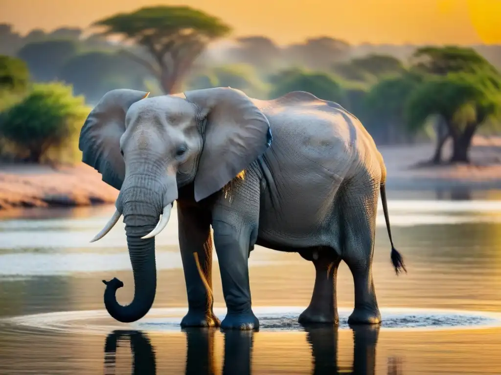 Guardián del Zambezi: Majestuoso elefante al atardecer Un elefante africano majestuoso junto al río Zambeze al atardecer, destacando la biodiversidad del río Zambeze