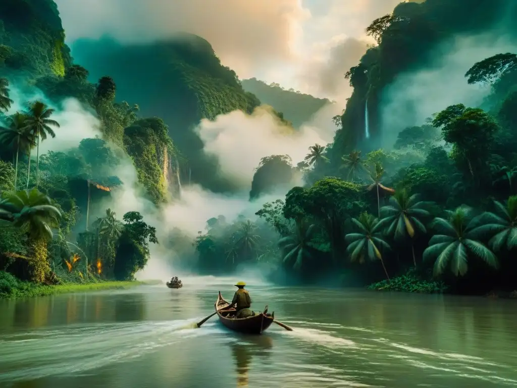 Viaje épico por río: escena icónica de 'Apocalypse Now' Embarcación de Capitán Willard en icónica escena fluvial de 'Apocalypse Now', rodeada de misterio y peligro en un denso río de la jungla