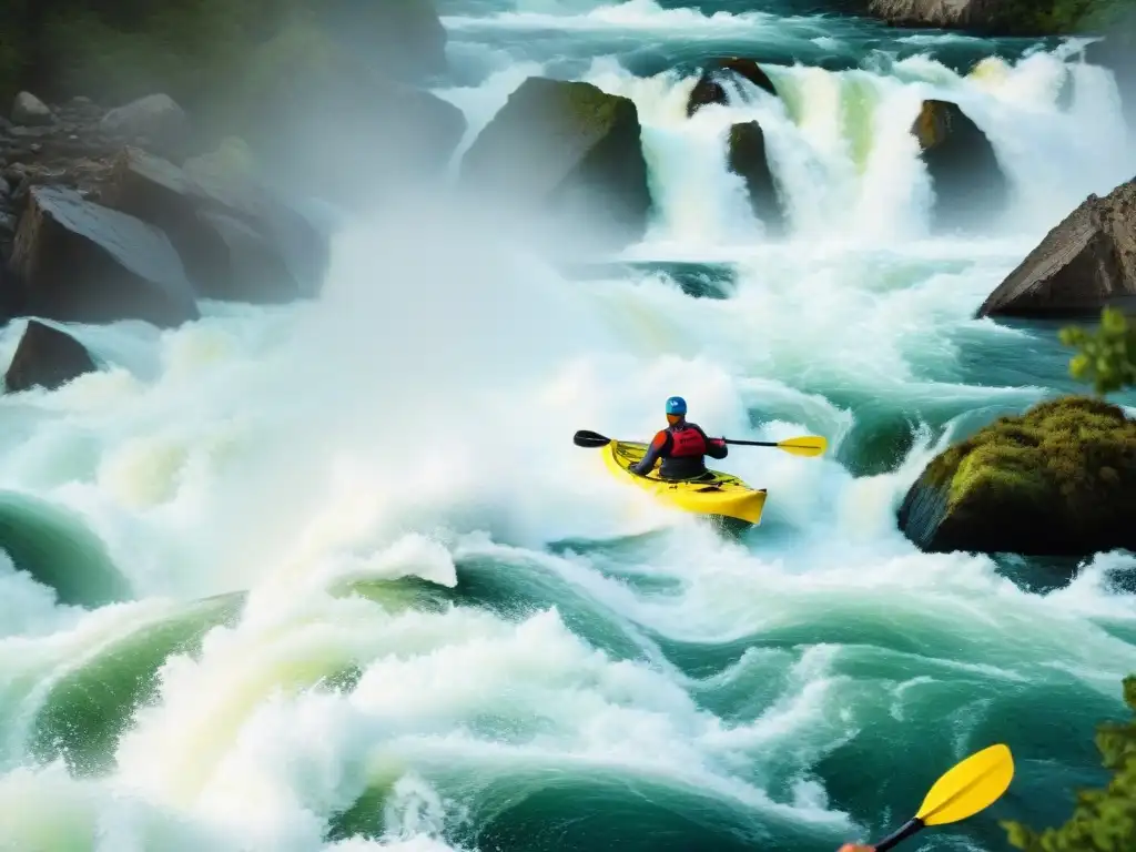 Emoción extrema: Kayaker desafiando rápidos en cañón Emocionante kayaker navegando en rápidos turbulentos de un río profundo
