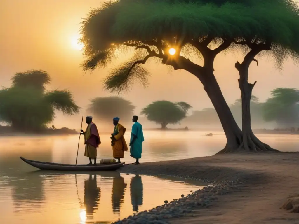 Aldeanos junto al Níger al atardecer Encuentros míticos en África hoy: Aldeanos junto al Níger al atardecer, conectando con los espíritus acuáticos