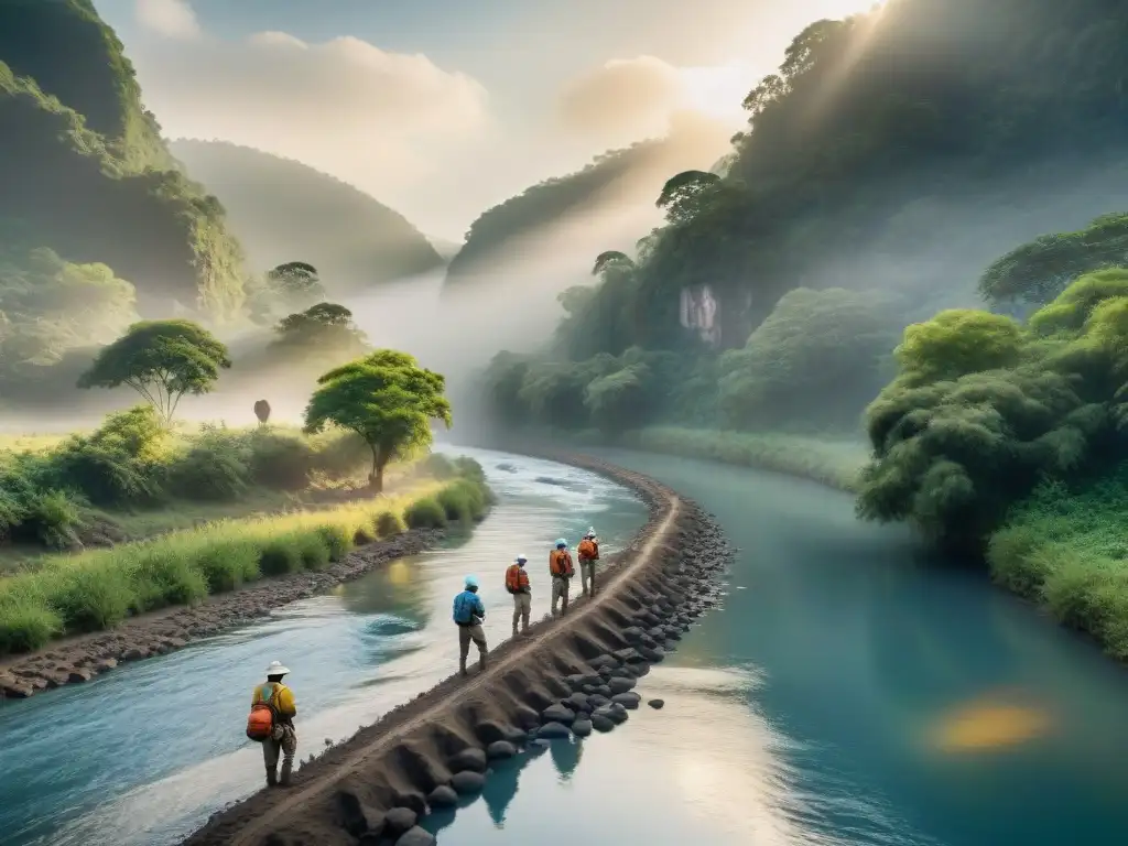 Conservacionistas plantando árboles nativos en un río cristalino Un equipo de conservacionistas plantando árboles en un río, reflejando armonía con la naturaleza