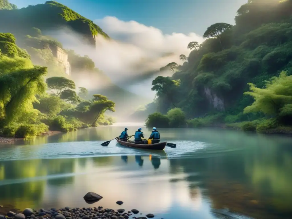 Equipo científico innovador investiga río ancestral Un equipo diverso de científicos en un río, muestreando agua y explorando vida acuática