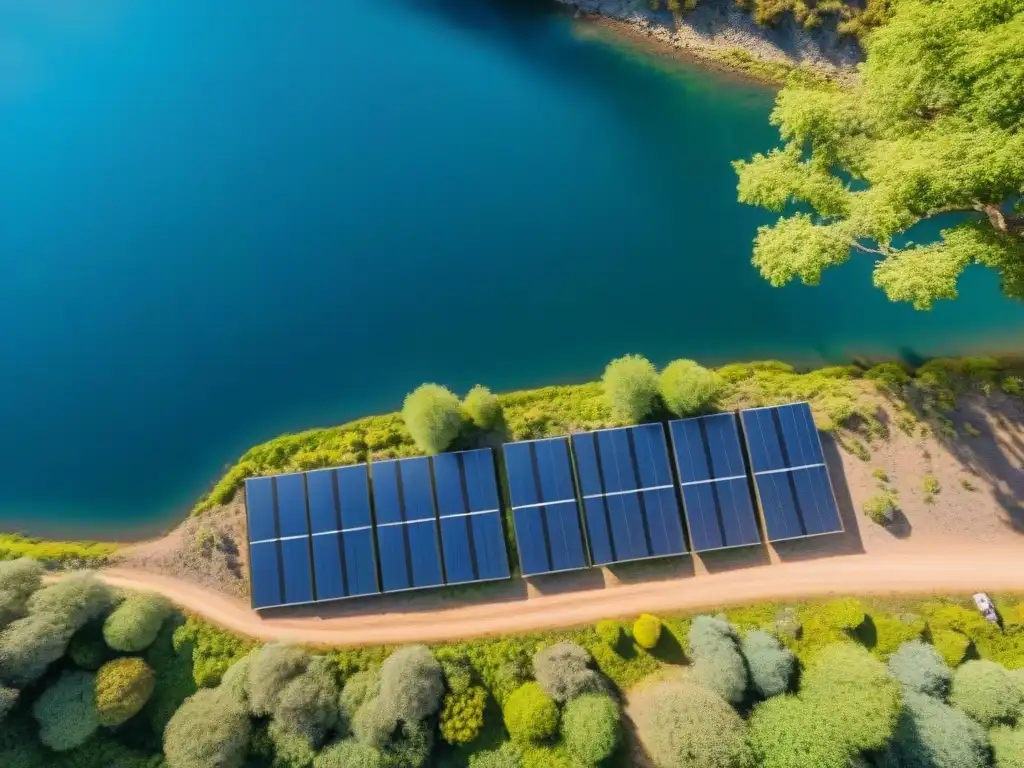 Equipo de exploradores instalando paneles solares en la naturaleza Equipo de exploradores colocando paneles solares portátiles para expediciones en un río remoto