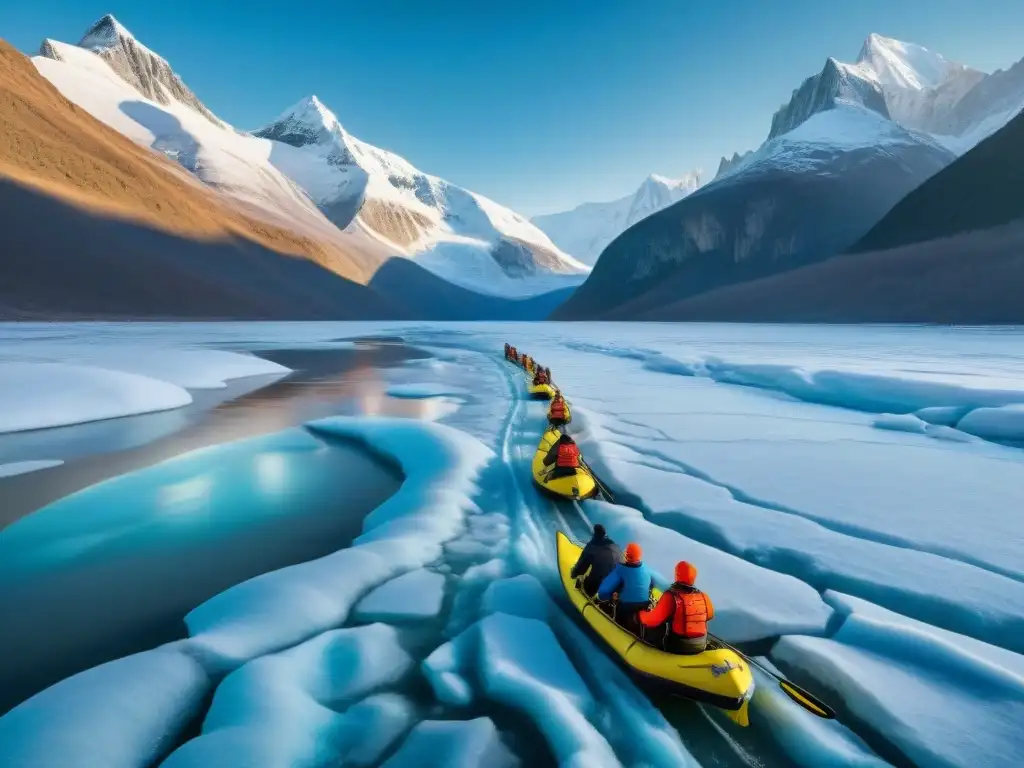 Expedición extrema en río helado: exploradores en acción Un equipo de exploradores en un río congelado, rodeados de montañas nevadas