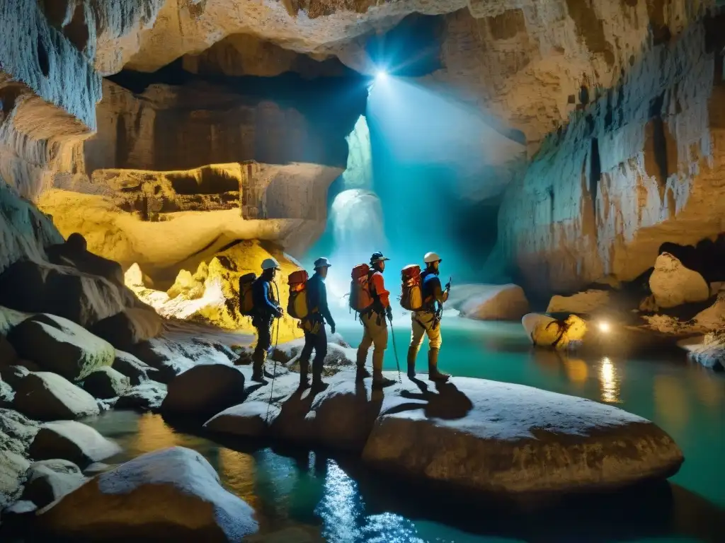 Equipo de exploradores recorriendo ríos subterráneos ancestrales, fusionando pasado y presente en misteriosa cueva