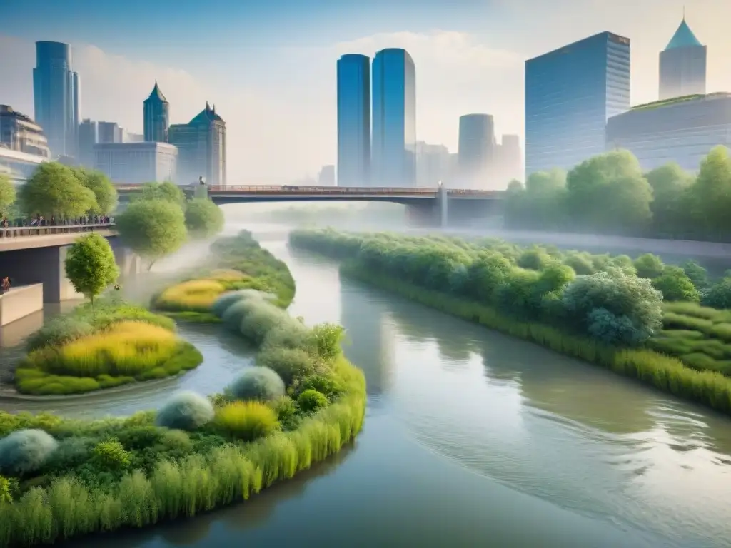 Revolución verde: Ingenieros y urbanistas restauran río urbano Equipo de ingenieros y urbanistas trabajando en la recuperación de un río urbano, rodeados de naturaleza exuberante y agua revitalizada